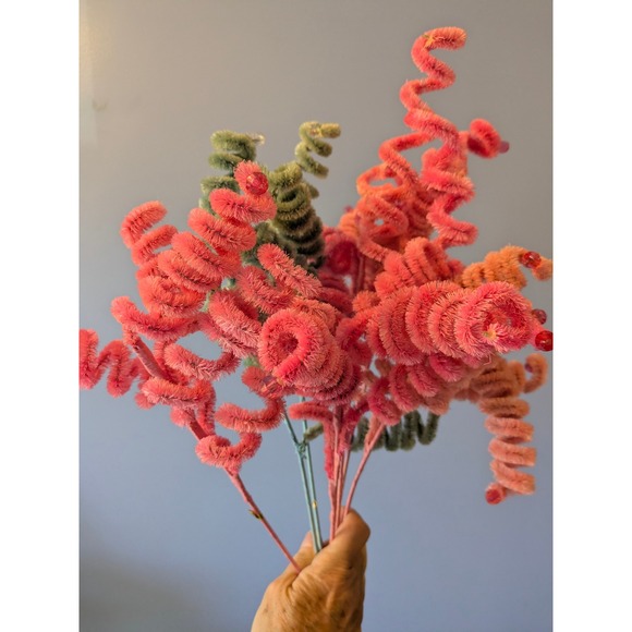 Unbranded Other - 6 Vintage Chenille Spiral Floral Stems Pink Orange Green Beaded Christmas Crafts